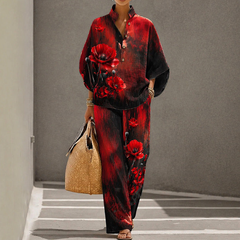 Poppy Floral Art Print Casual Linen Two-Piece Set