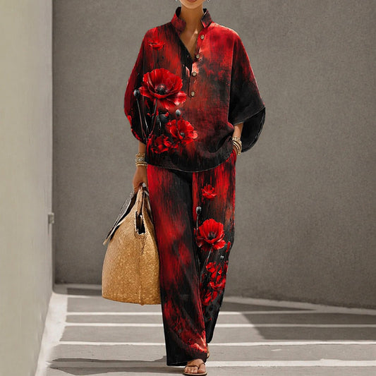 Poppy Floral Art Print Casual Linen Two-Piece Set