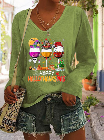 Women's Happy Hallothanksmas Wine Print Long Sleeve V-Neck T-Shirt