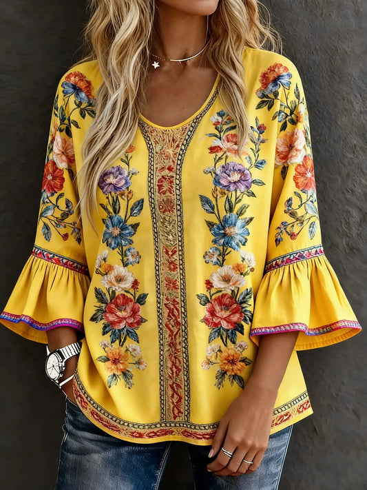 Women's Casual Multicolor Floral Art Prints Cotton Shirt