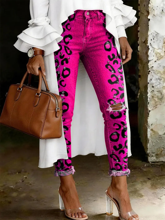 Women's Fashion Casual Leopard Art Print Ripped Skinny Jeans