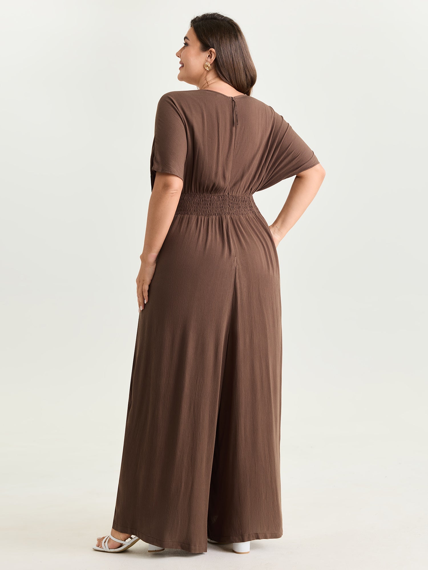 Textured Pleated Waist Surplice Jumpsuit