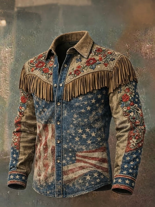 Men'S Vintage Distressed Western-Style 250th Anniversary Commemorative Printed Shirt