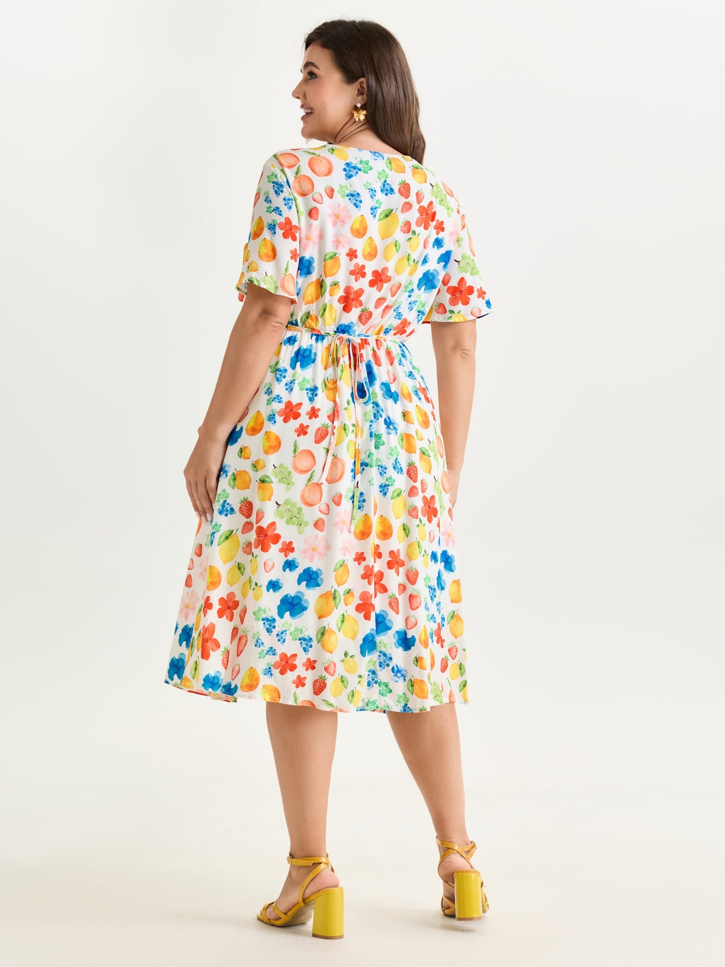 Colorful Fruit Print V-Neck Midi Dress