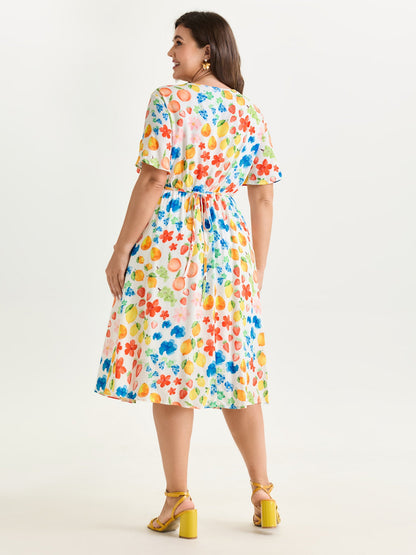 Colorful Fruit Print V-Neck Midi Dress