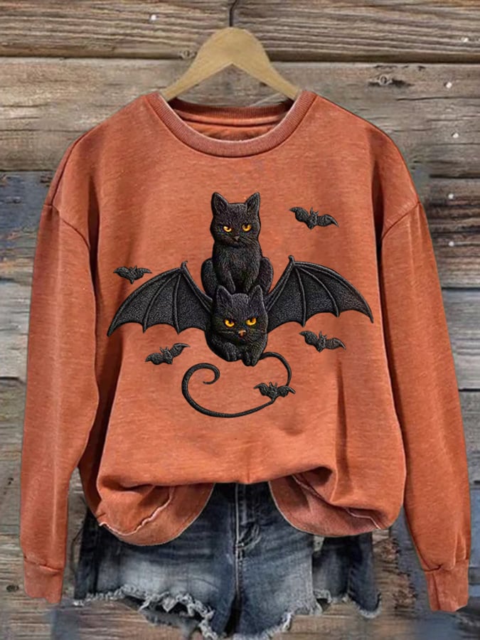 Women's Autumn Halloween Cute Bat and Black Cat Printed Casual Holiday Round Neck Sweatshirt