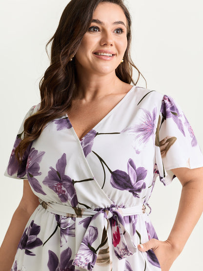 Large Floral Print Waist-Defining Midi Dress