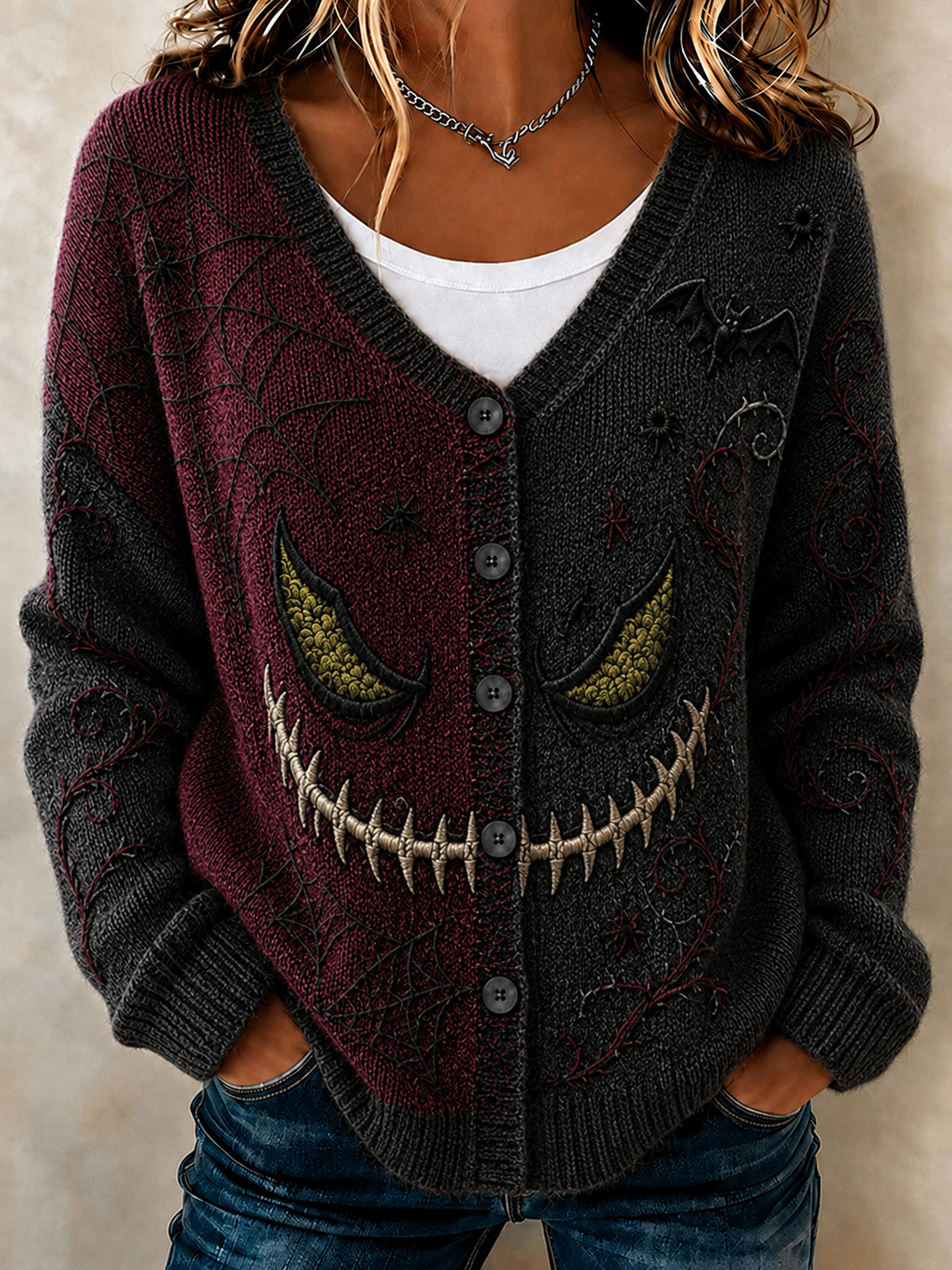 Women'S Retro Halloween Smiley Face Print Casual Knit Cardigan
