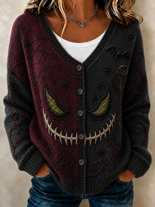 Women'S Retro Halloween Smiley Face Print Casual Knit Cardigan