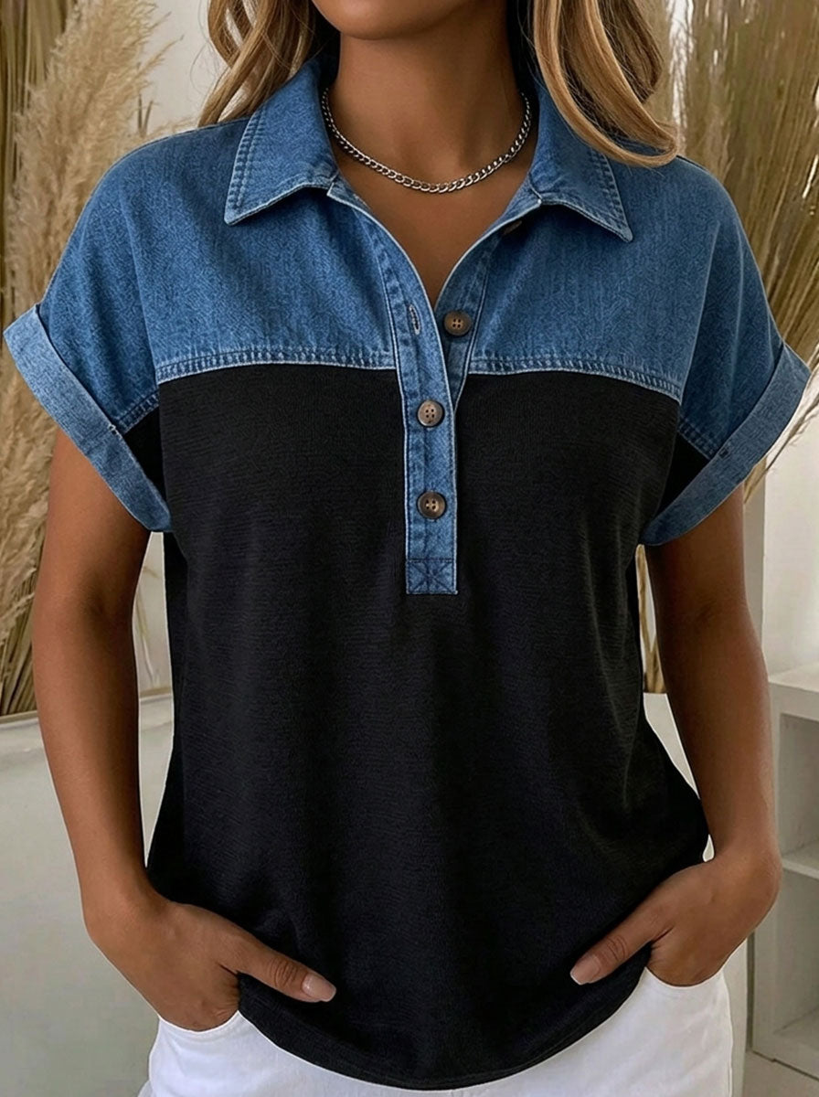 Women's Casual Denim Patchwork Short-Sleeve Top