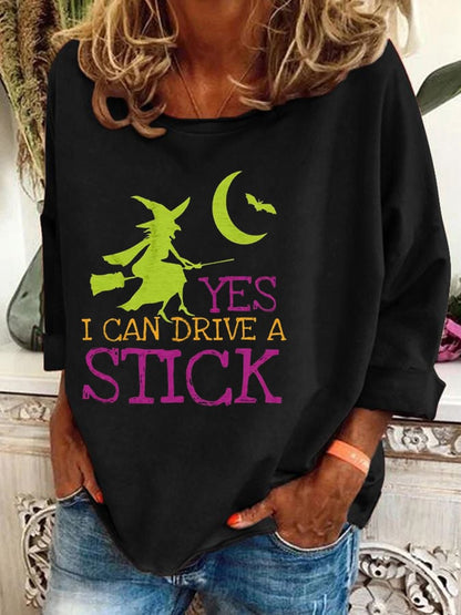 Women's Halloween Yes I Can Drive A Stick  Printed Crew Neck Sweatshirt