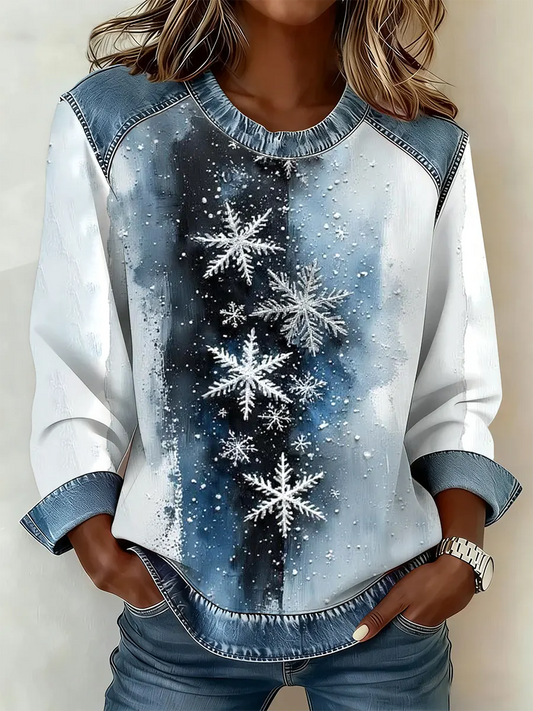 Snowflake Art Denim Patchwork Print Casual Long Sleeved Sweatshirt