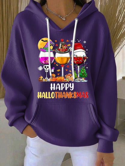 🔥HOT SALE🔥Women'S Happy HalloThanksMas Wine Print Casual Hoodie