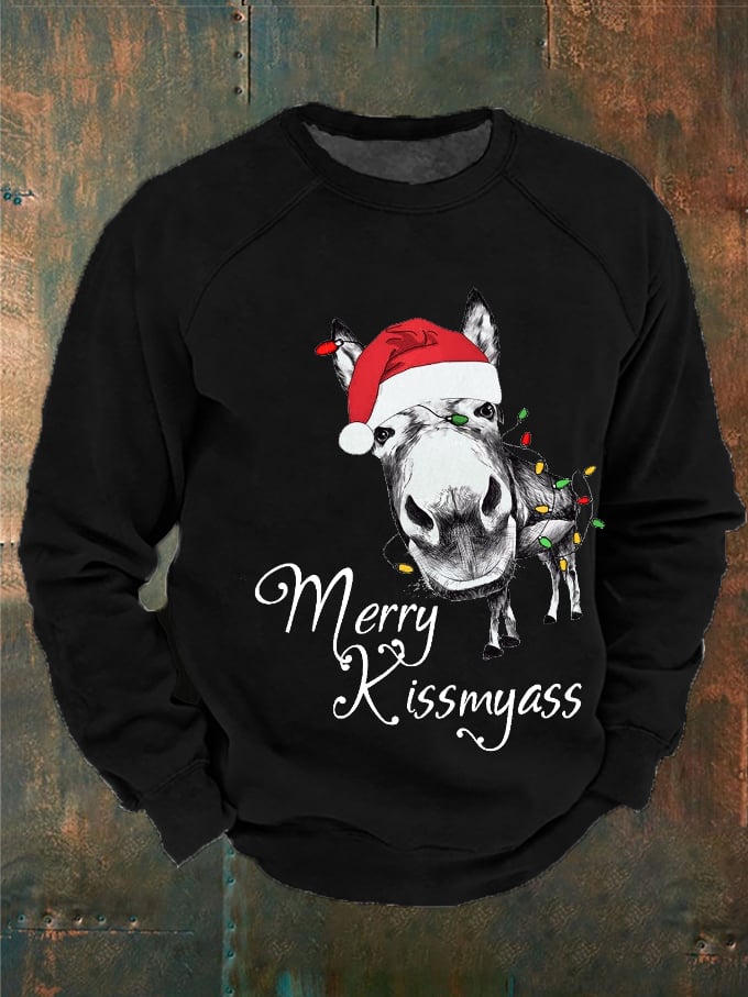 Men's Funny Merry Christmas Merry Kiss My Ass Donkey Printed Sweatshirt