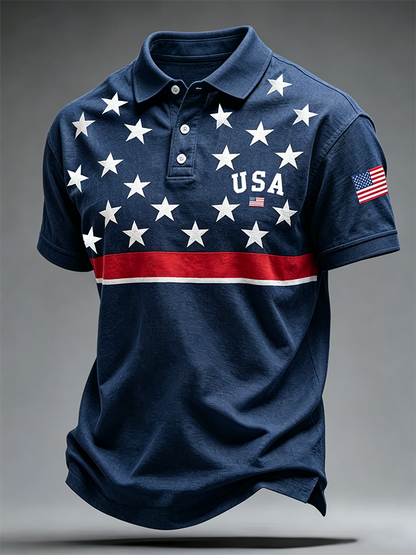 Men'S Casual USA Commemorative Embroidered Printed Lapel Shirt
