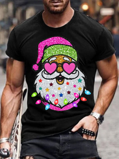 Men's Casual Shiny Santa Print T-Shirt