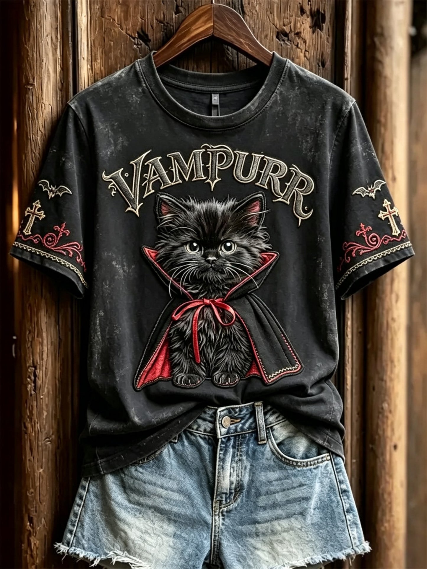 Women's Halloween Vampire Cat Printed T-shirt