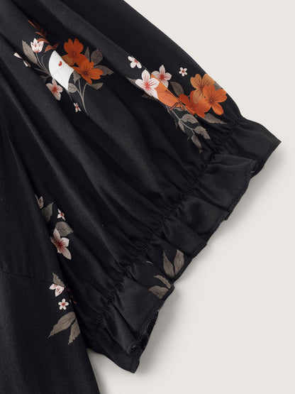 Retro Floral Print Cinched-Waist Midi Dress