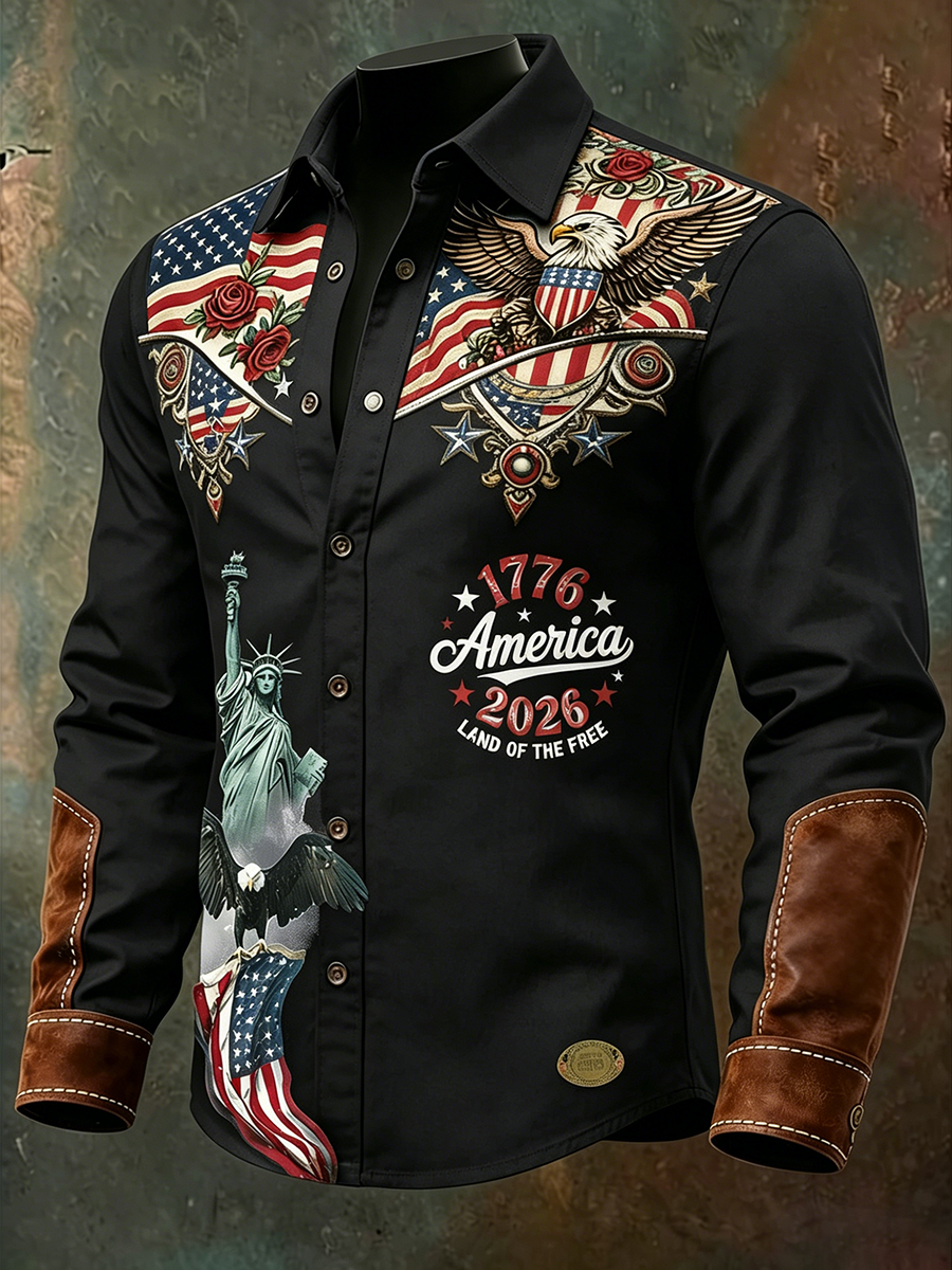 Men'S Casual American 250Th Anniversary Founding Lapel Long Sleeved Shirt