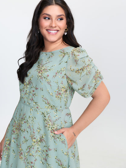 Floral Print Puffy Sleeve Midi Dress