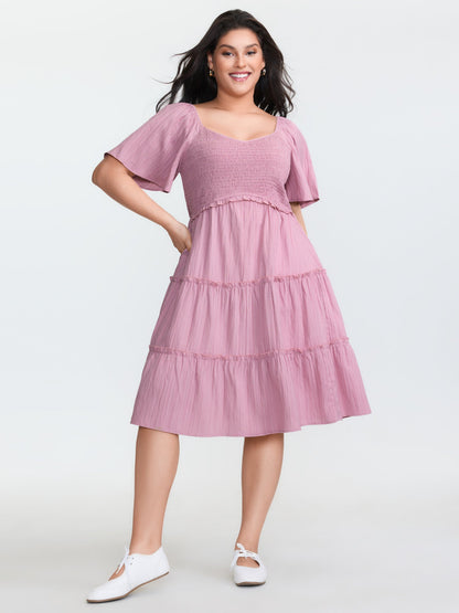 Shirred Bodice Flared Sleeve Pockets Mini Dress