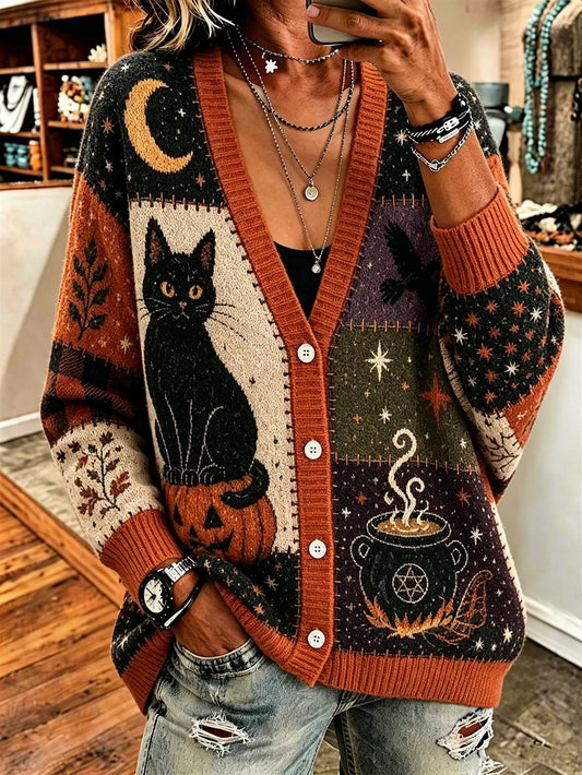 Women's Vintage Halloween Print Long-Sleeve Cardigan