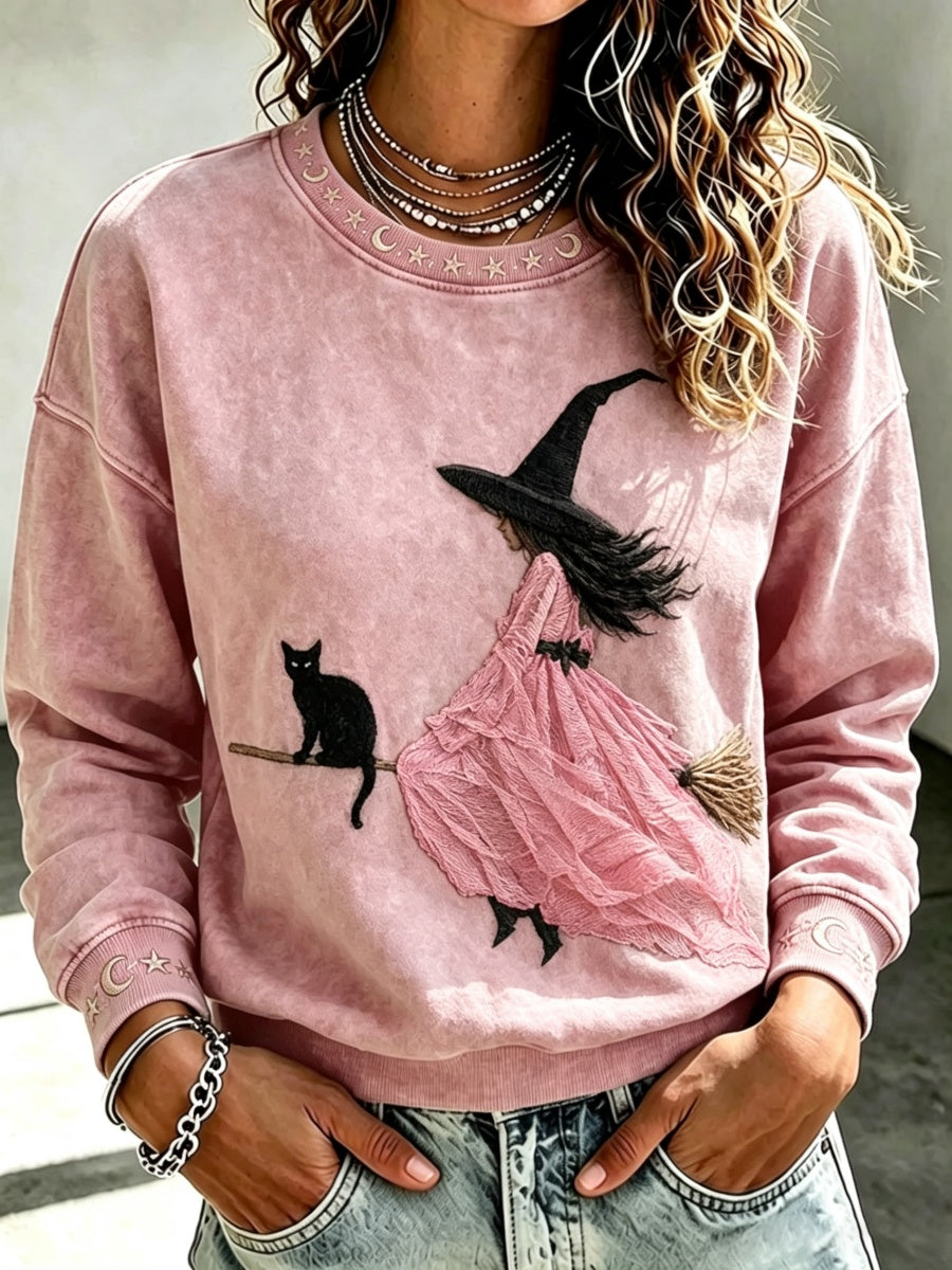 Women's Pink Witch-Themed Print Casual Sweatshirt