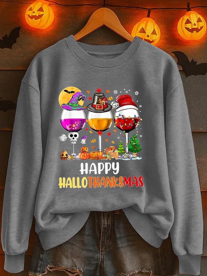 🔥HOT SALE🔥Women's Happy Hallothanksmas Wine  Print Casual Sweatshirt