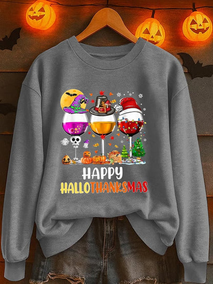 🔥HOT SALE🔥Women's Happy Hallothanksmas Wine  Print Casual Sweatshirt