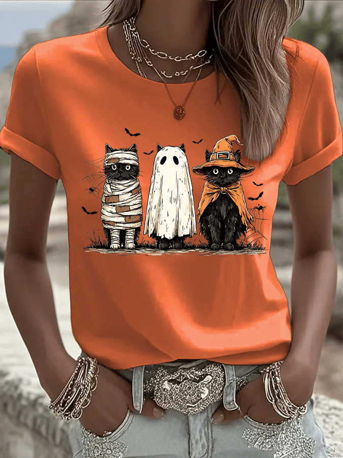 🔥HOT SALE🔥Women's Halloween Cat Print Crew Neck T-Shirt