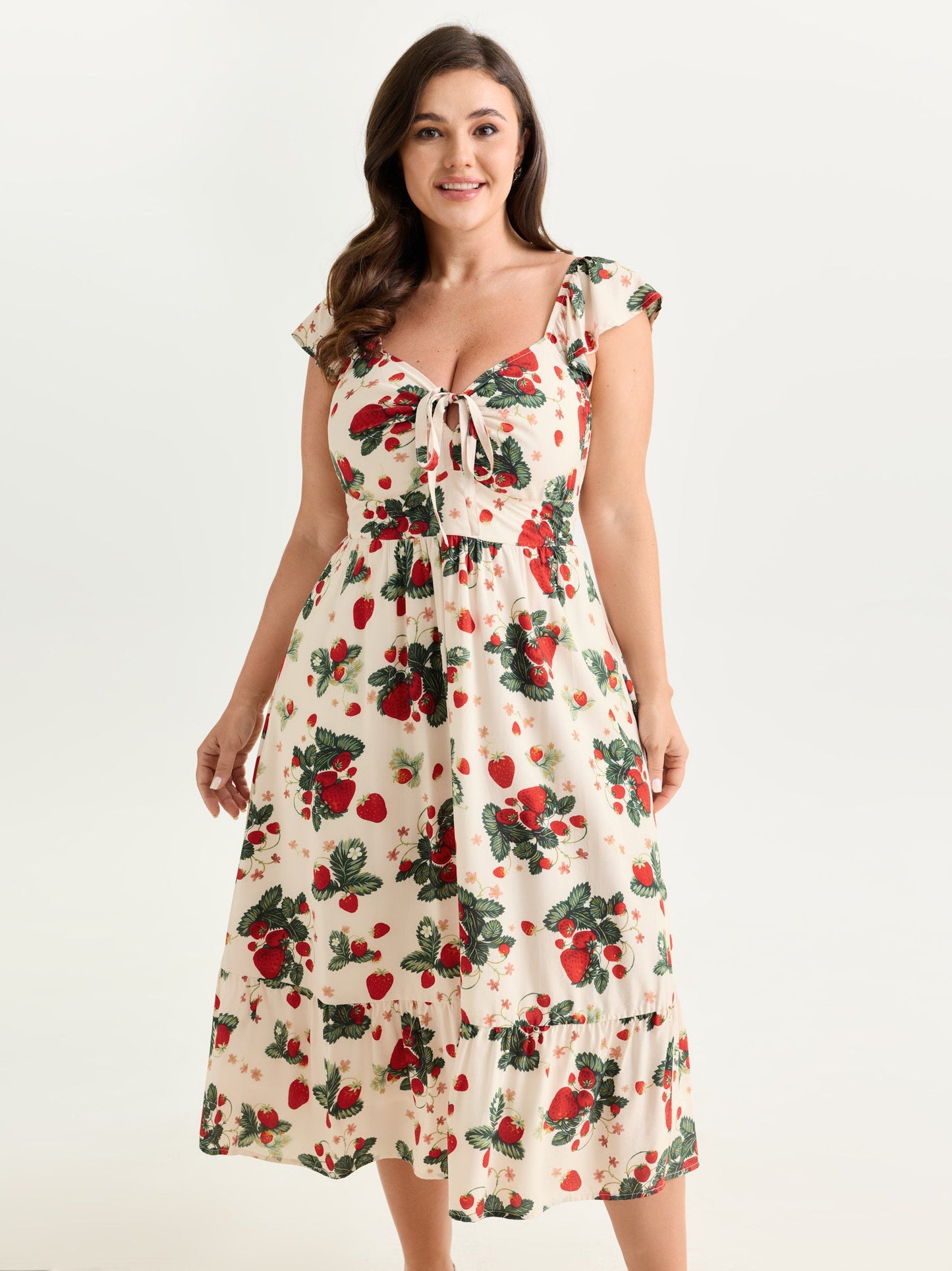 Strawberry Print Ruched Adjustable Bodice Midi Dress