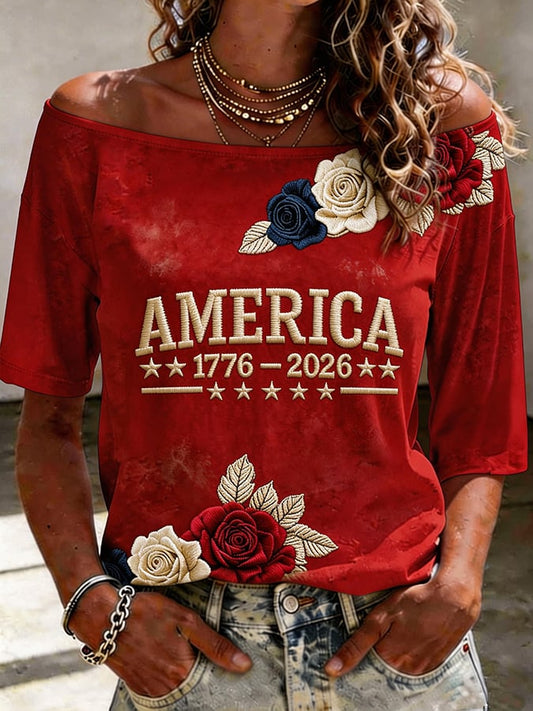Women'S American 250th Anniversary Printed Off-Shoulder T-Shirt