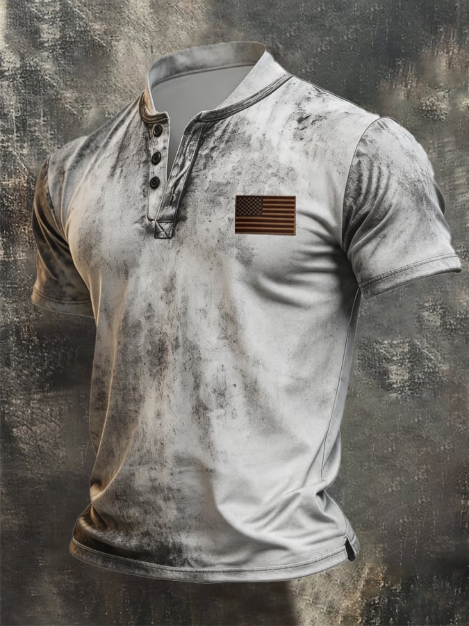 Men's Vintage Distressed Printed Henley T-Shirt