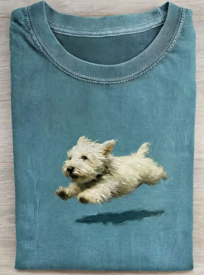 Funny retro Cute Running Dog Art Print Casual Cotton Short Sleeve T-shirt