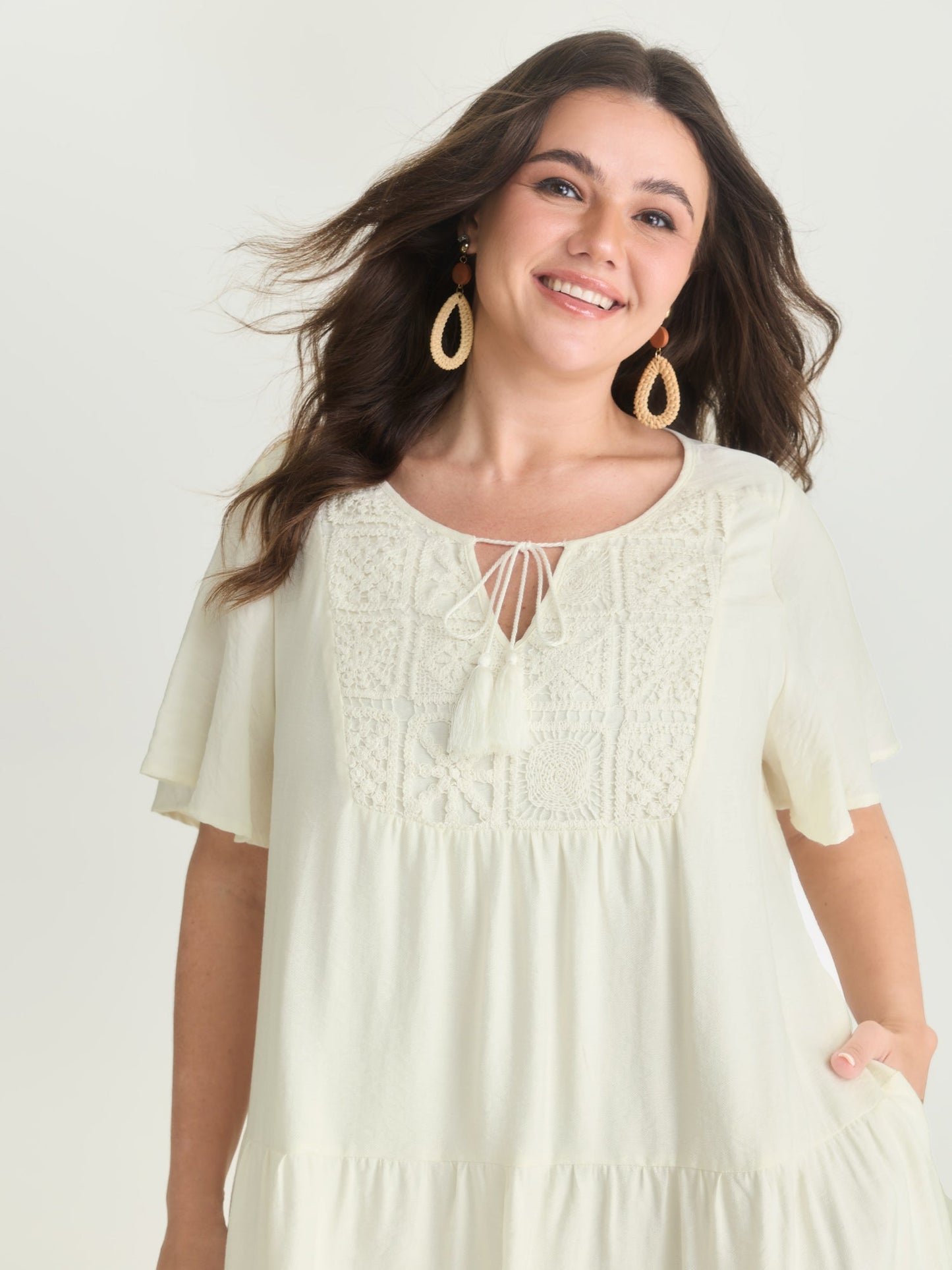Lace Drawstring Neckline Tiered Mini Dress