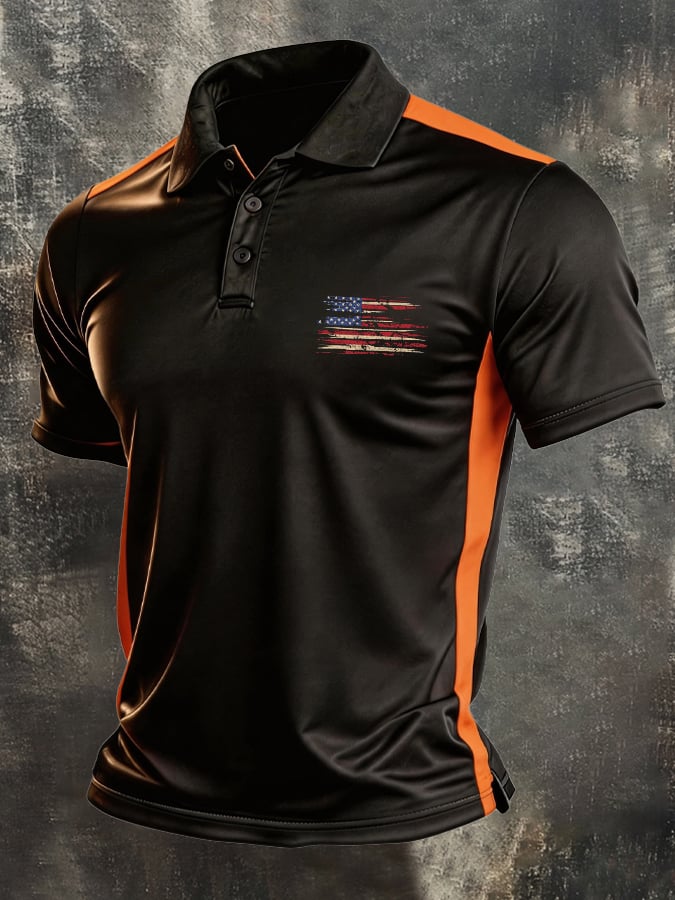 Men's Retro Patriotic Color-Block Short-Sleeve Polo Shirt