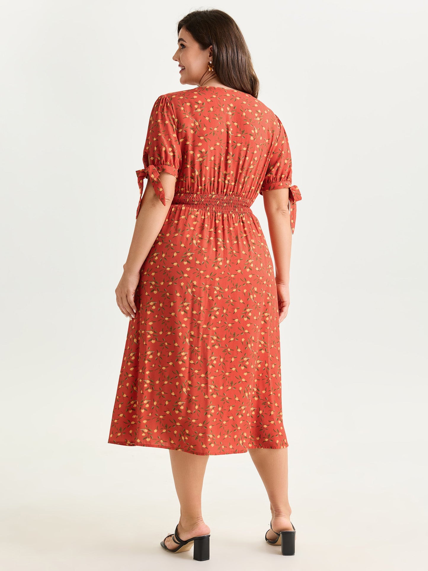 Micro Floral Print Sleeve Tie Midi Dress