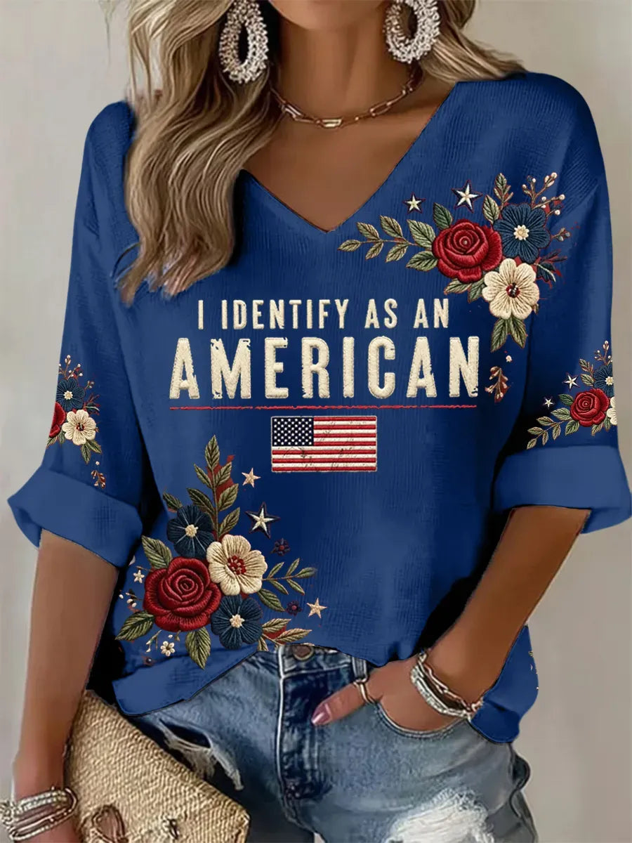 Women's American Flag Printed Casual Waffle Long Sleeve T-shirt
