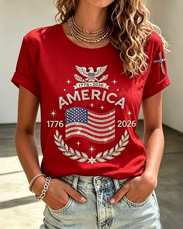 Women's Anniversary Flag Hot Diamond Print Crew Neck Short Sleeve Tshirt