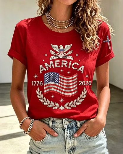Women's Anniversary Flag Hot Diamond Print Crew Neck Short Sleeve Tshirt