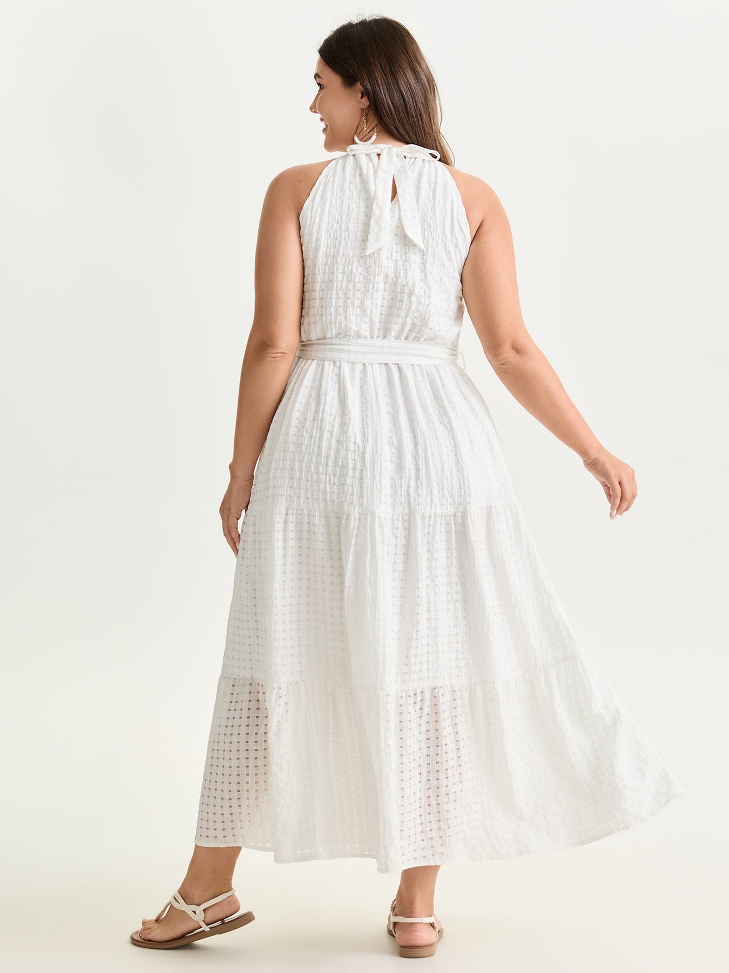 Textured Halter Neckline Tiered Midi Dress