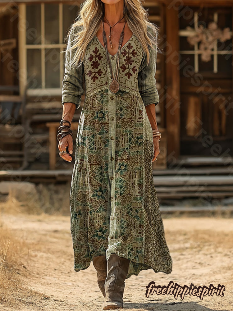 Vintage Ethnic Pattern Art Print Pocket Cotton Dress