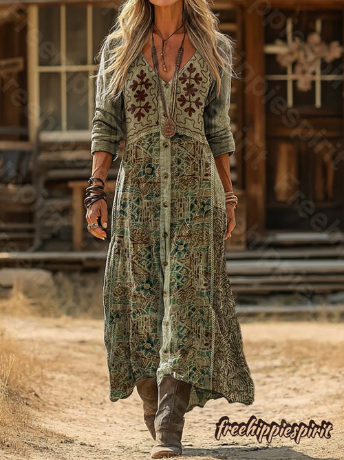 Vintage Ethnic Pattern Art Print Pocket Cotton Dress