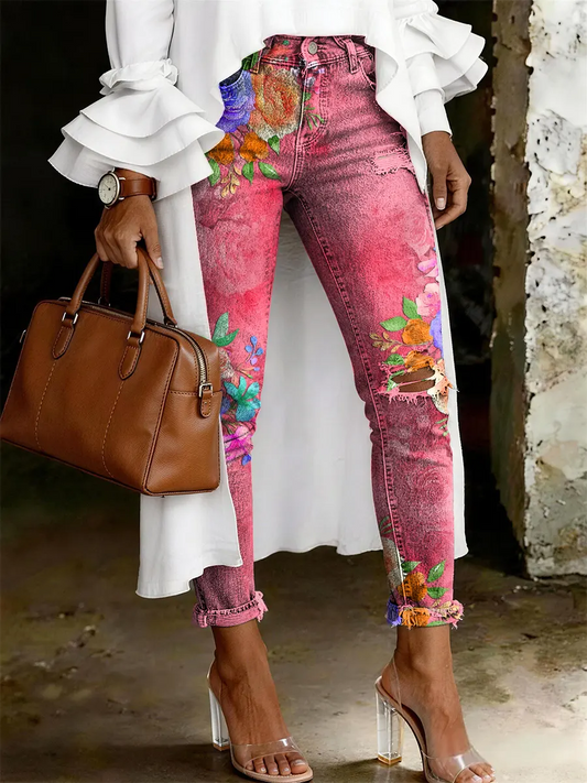 Women's Fashion Casual Cute Pink Print Ripped Skinny Jeans