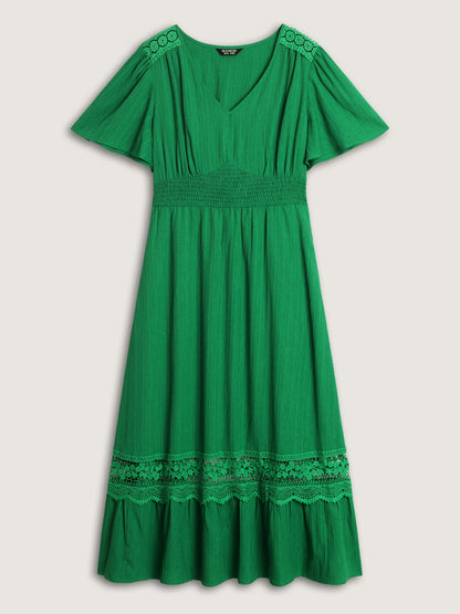 Lace Cut-Out Shirred Solid Maxi Dress
