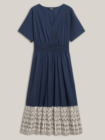 Cotton Color Block Cinched-Waist Spliced Midi Dress