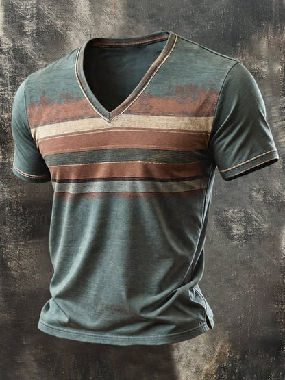 Men'S Retro Pure Cotton Short-Sleeve T-Shirt With Contrast-Color V-Neck And Print