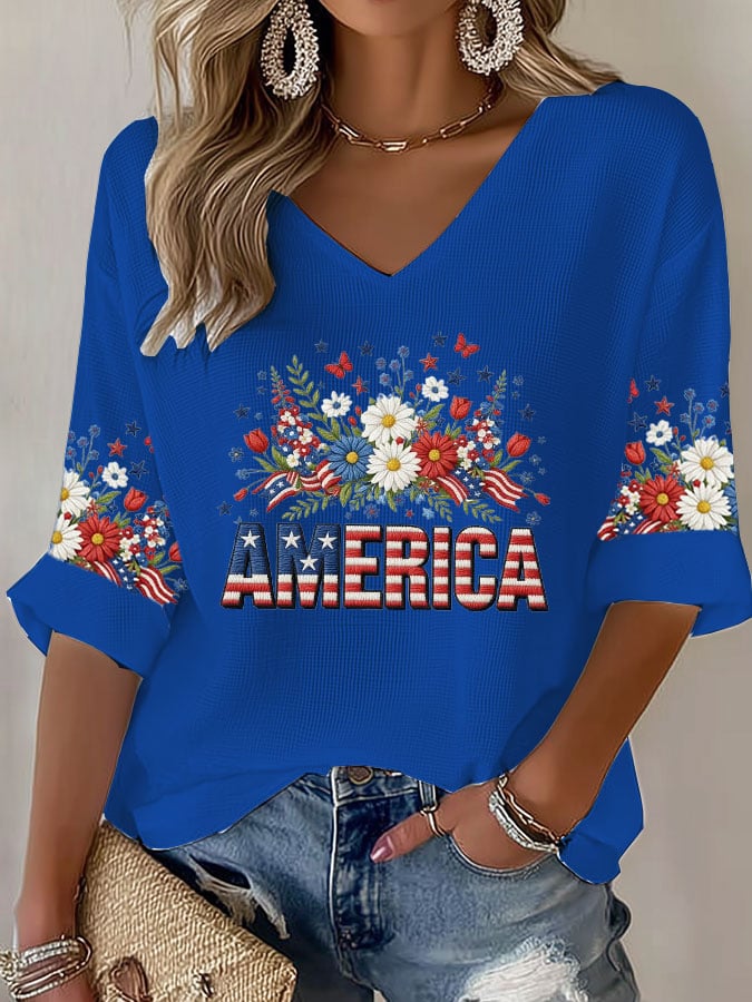 Women's casual retro 250th anniversary waffle-knit long-sleeved T-shirt