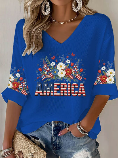 Women's casual retro 250th anniversary waffle-knit long-sleeved T-shirt