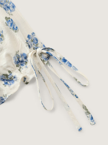 Floral Print Shirred Bodice Sleeve-Tie Maxi Dress